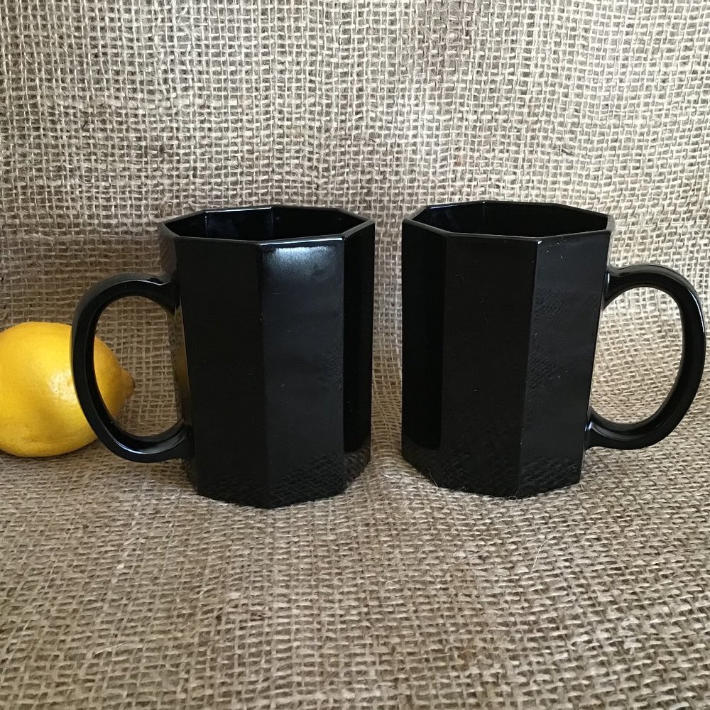 Pair of Octime Black Glass Mugs / Cups  Octagonal Shape Vintage
